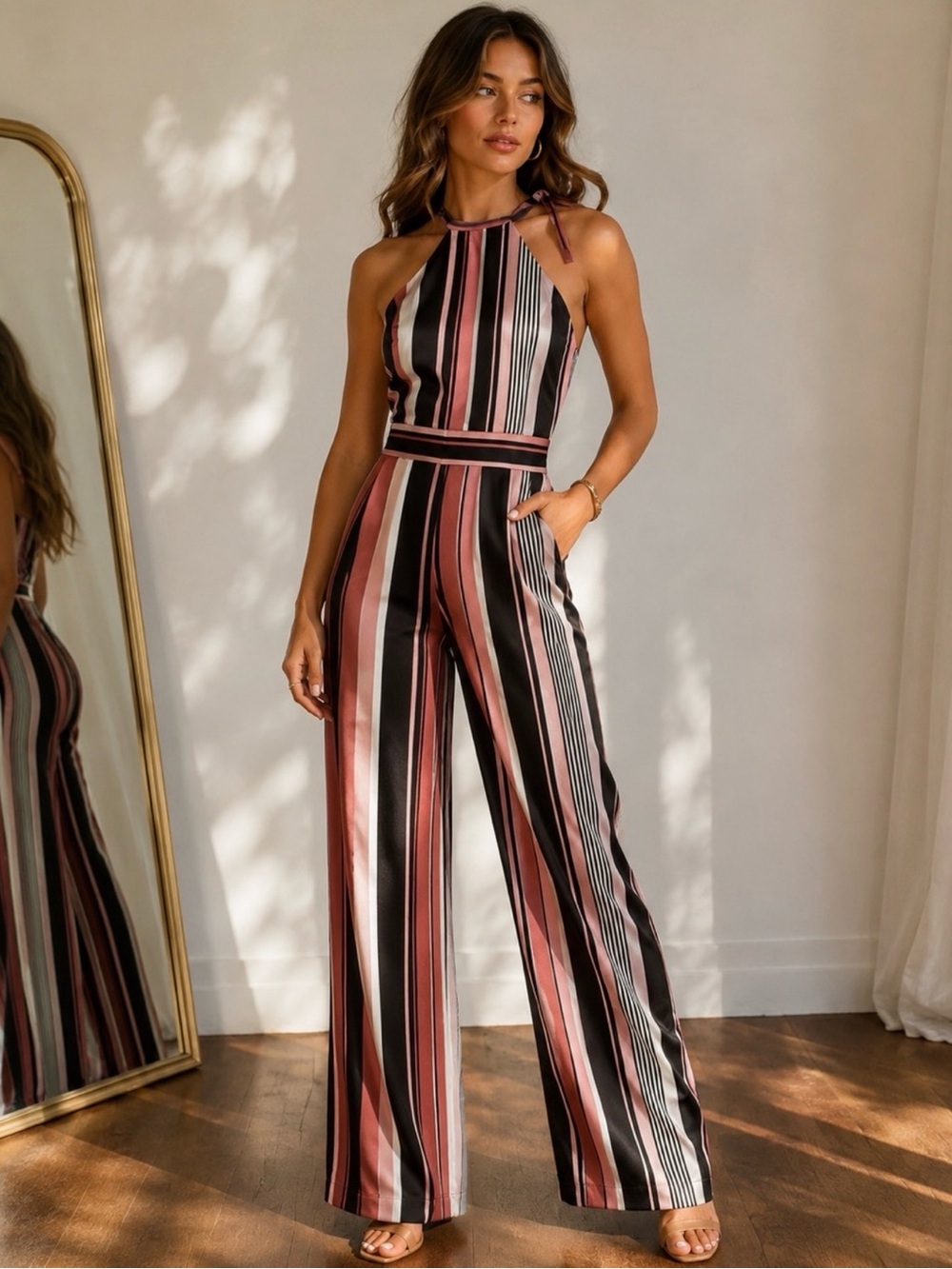 VENUS Sleeveless Striped Wide Leg Jumpsuit Size Small
